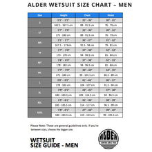 Load image into Gallery viewer, alder-wetsuit-sizing chart