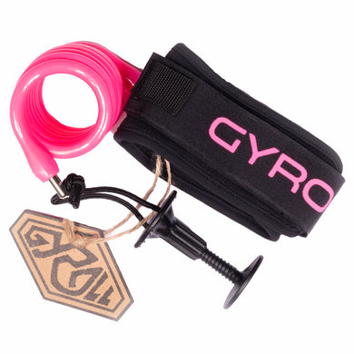 Black gyro with pink cord and tag on a white background