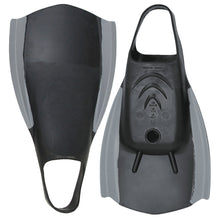 Load image into Gallery viewer, A pair of black and gray swim flippers shown from the front and back against a plain white background.