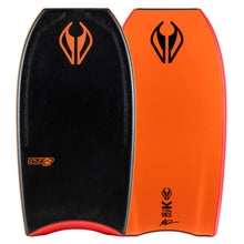 Load image into Gallery viewer, Black and orange bodyboards with a logo on a white background