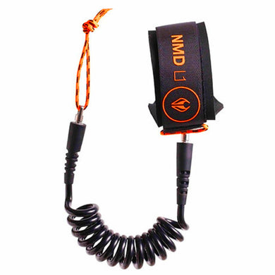 Black and orange coiled leash with 'NMD' branding on a white background