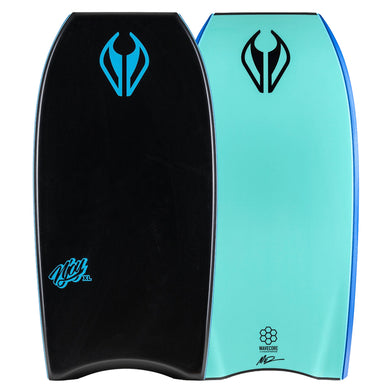 Black and turquoise bodyboard with logos on a white background