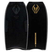 Load image into Gallery viewer, Black bodyboard with gold logo on a white background