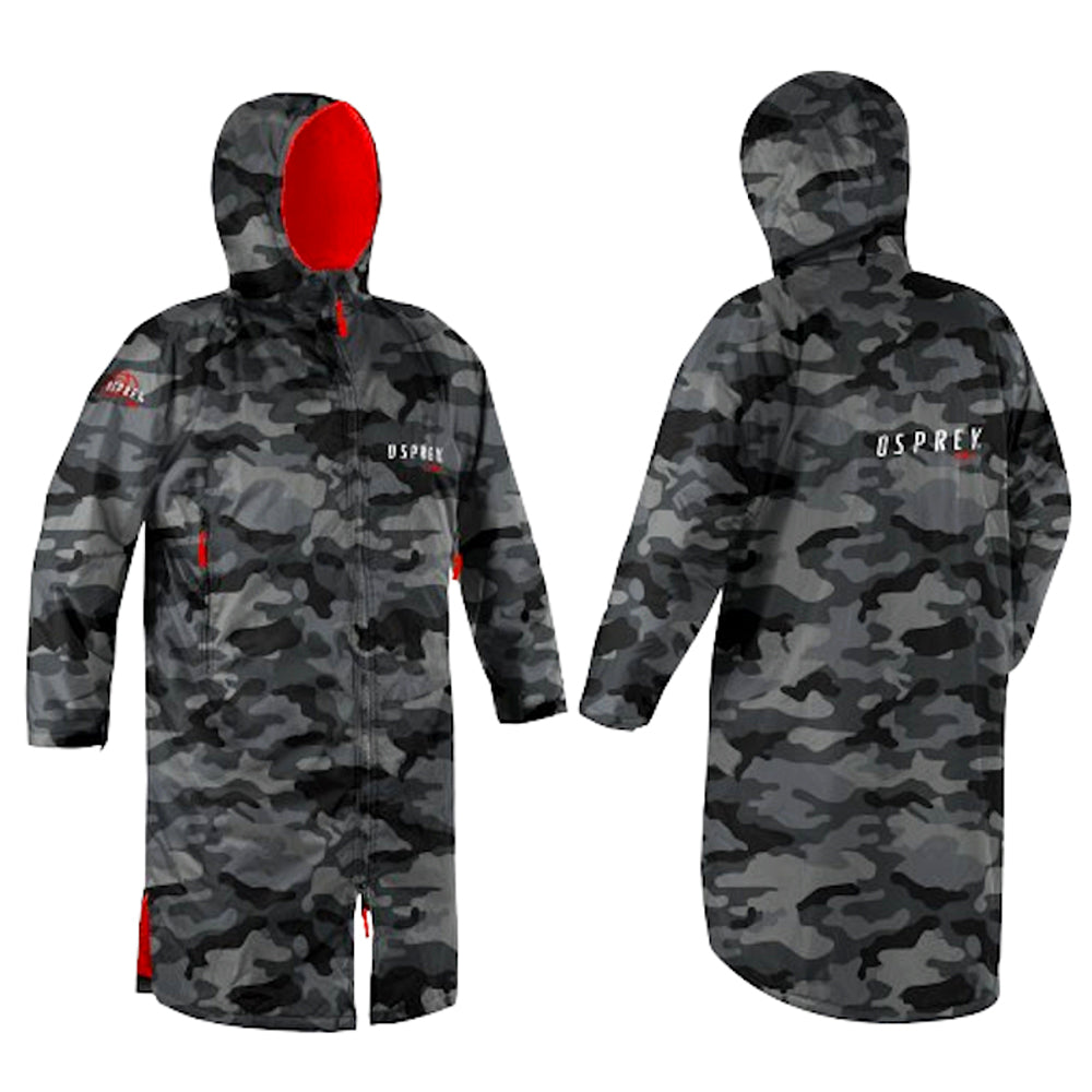 Camouflage waterproof poncho with red accents and 'Osprey' branding on a white background
