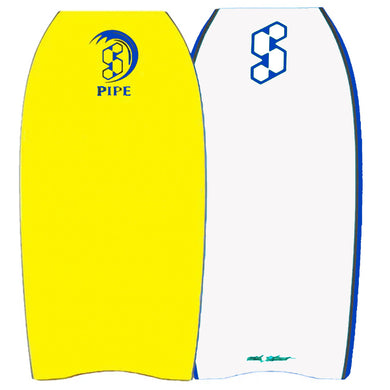 Yellow and white bodyboard with logos on a white background
