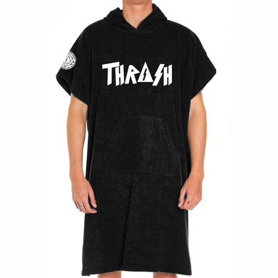Black poncho with 'THRASH' logo worn by a person on a white background