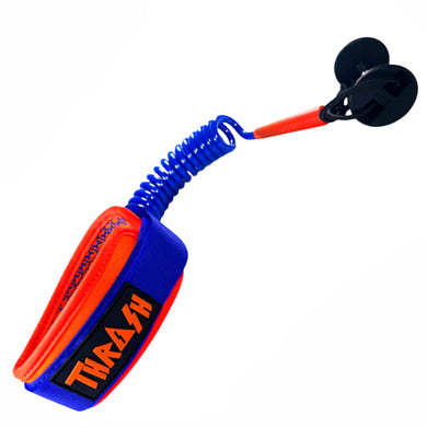 Leash for a bodyboard with blue and orange design on a white background