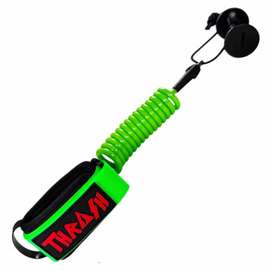 Green and black leash with 'Thrash' branding on a white background